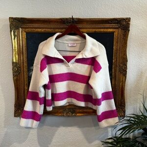 ButterMelon Pink White Striped Boxy Cropped Knit Pullover Sweater Collared  S